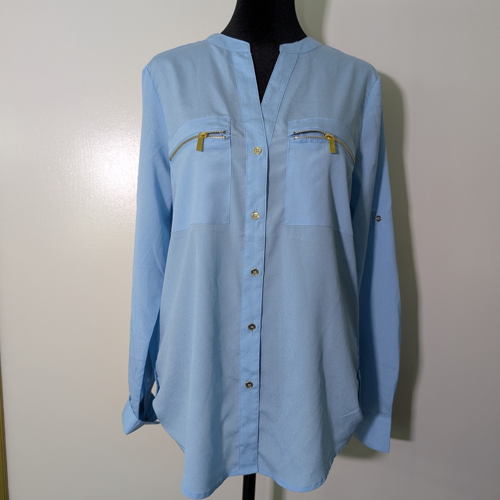 Oversized Light Baby Blue Button Up Blouse with Gold Accents Shirt